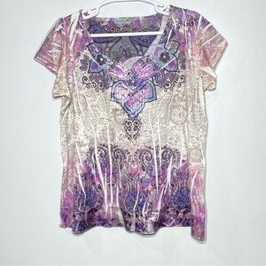 Unity World Wear Top 2X Womens Boho V-Neck Purple Paisley Floral Short Sleeve